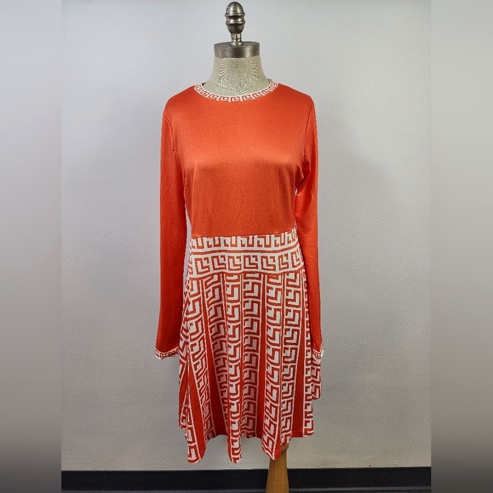 NWOT Source Unknown Orange and White Geometric Polyester Dress, sz Large